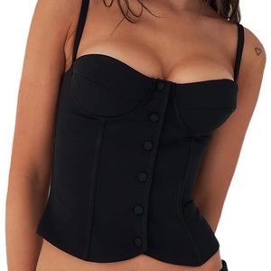 Black Satin Corset Tank Top with Button Front - Bustier